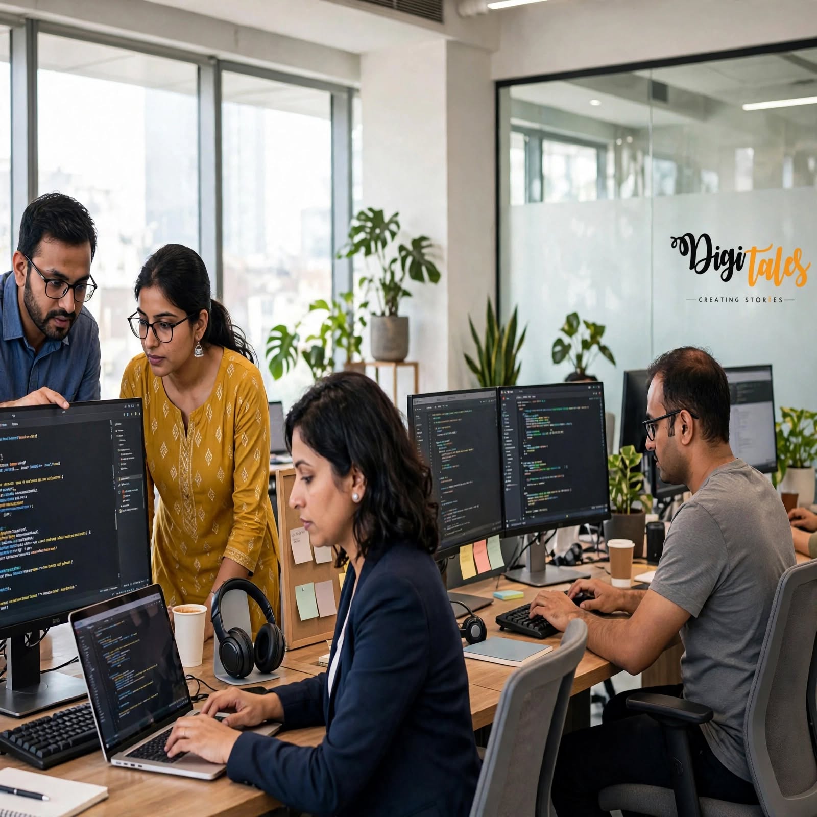 Support team working together in an office