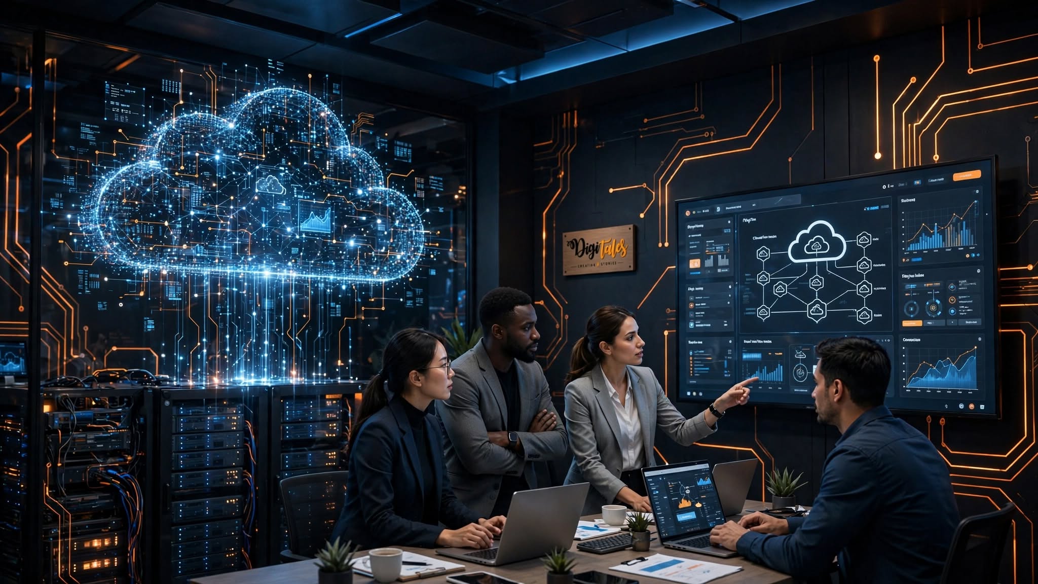 Abstract network of connected nodes representing cloud infrastructure